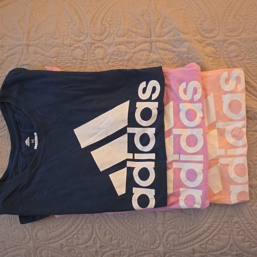 3 Adidas Womens Short Sleeve Tees-Peach, Pink, and Dark Blue, Size: Medium
